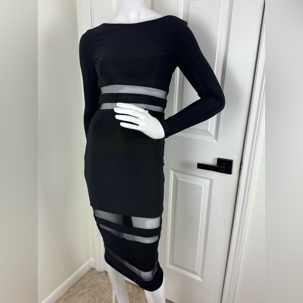 Bebe Elegant Black Sheer Panel Dress. D35